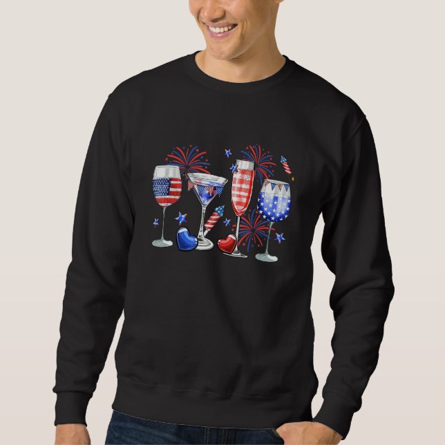 Glasses Red Wine Glasses Blue USA Flag Fireworks 4 Sweatshirt (Front)