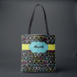 Glasses Spectacles Personalized Tote Bag in Black<br><div class="desc">This personalized tote bag features an all over pattern of cool looking glasses frames or spectacles in lime green, magenta, bright blue and white against a black background. Use the fill in the blank field to personalize this tote bag with your name. This bag makes a special personalized gift and...</div>
