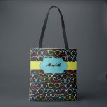 Glasses Spectacles Personalized Tote Bag in Black<br><div class="desc">This personalized tote bag features an all over pattern of cool looking glasses frames or spectacles in lime green, magenta, bright blue and white against a black background. Use the fill in the blank field to personalize this tote bag with your name. This bag makes a special personalized gift and...</div>