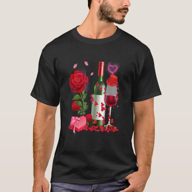 Glasses Wine Rose Heart Funny Couple Valentines Da T-Shirt (Front)