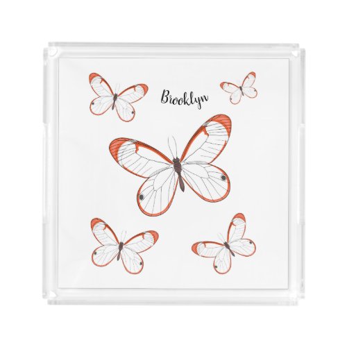 Glasswing butterfly cartoon illustration acrylic tray