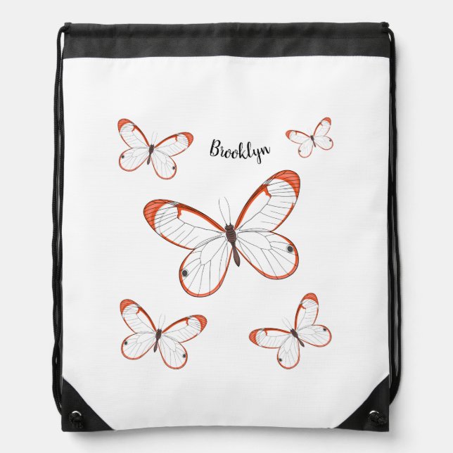 Glasswing butterfly cartoon illustration drawstring bag (Front)