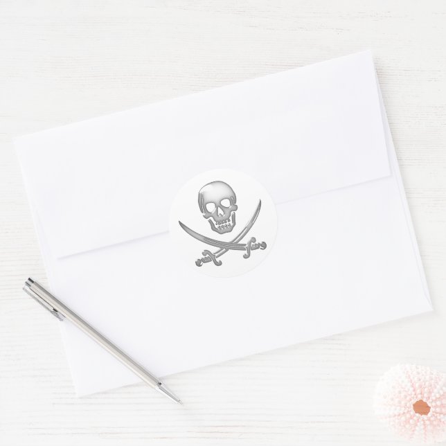 Glassy Pirate Skull & Sword Crossbones Classic Round Sticker (Envelope)