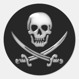 Glassy Pirate Skull & Sword Crossbones Classic Round Sticker