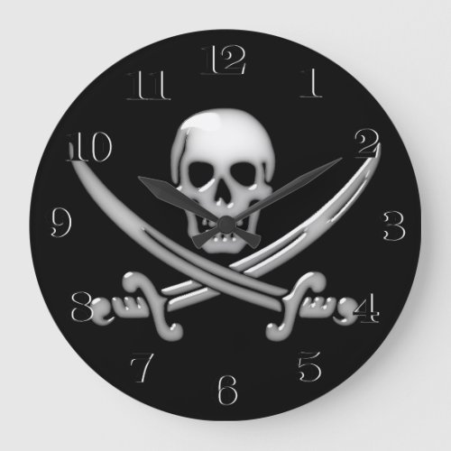 Glassy Pirate Skull  Sword Crossbones Large Clock