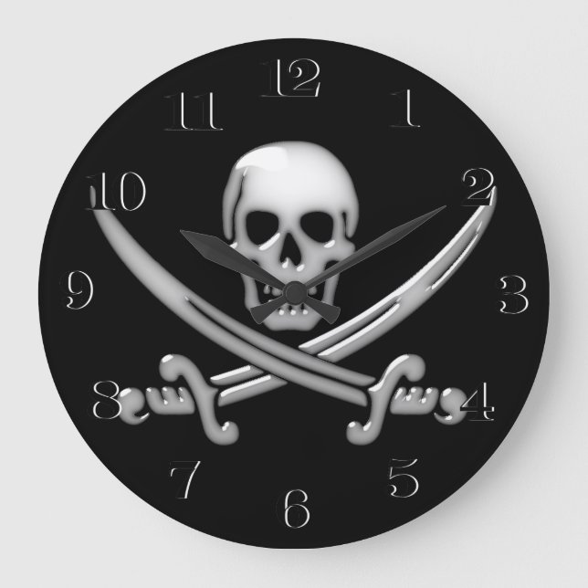 Glassy Pirate Skull & Sword Crossbones Large Clock (Front)