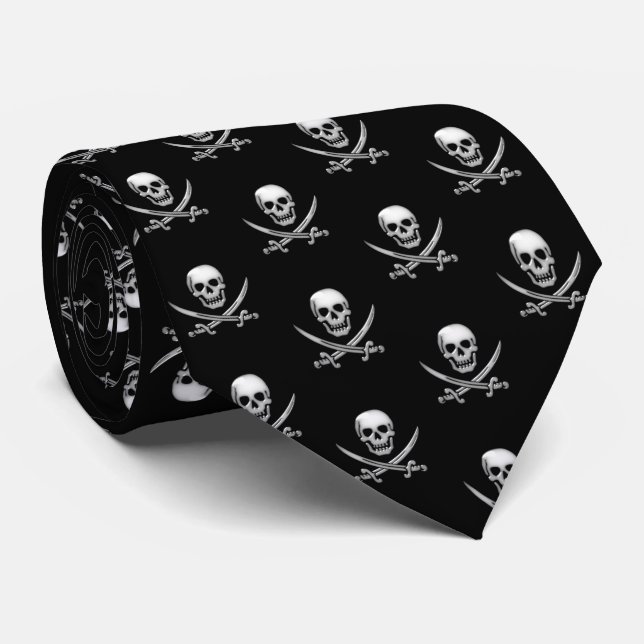 Glassy Pirate Skull & Sword Crossbones Neck Tie (Rolled)