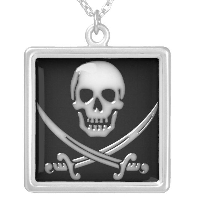 Glassy Pirate Skull & Sword Crossbones Silver Plated Necklace (Front)