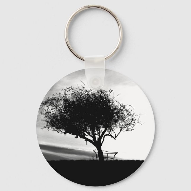 Glastonbury Hawthorn. Tree. Black and White. Keychain (Front)