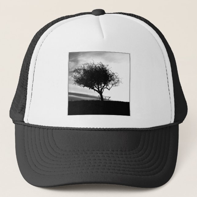 Glastonbury Hawthorn. Tree. Black and White. Trucker Hat (Front)