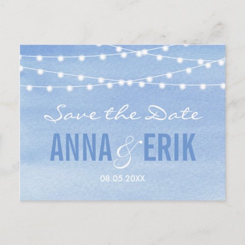 Glaucous Blue Watercolor String Lights Announcement Postcard