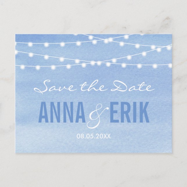 Glaucous Blue Watercolor String Lights Announcement Postcard (Front)