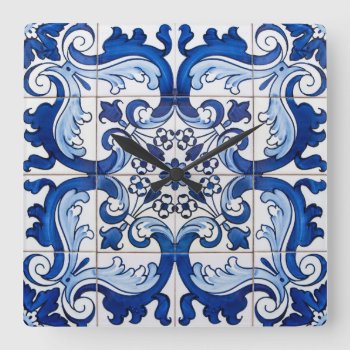 Glazed Tiles Portuguese Azulejo Style Square Wall Clock by wheresmymojo at Zazzle