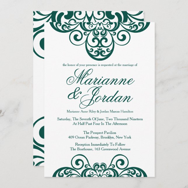 Gleaming Emerald Green Ornate Wedding Invitations (Front/Back)