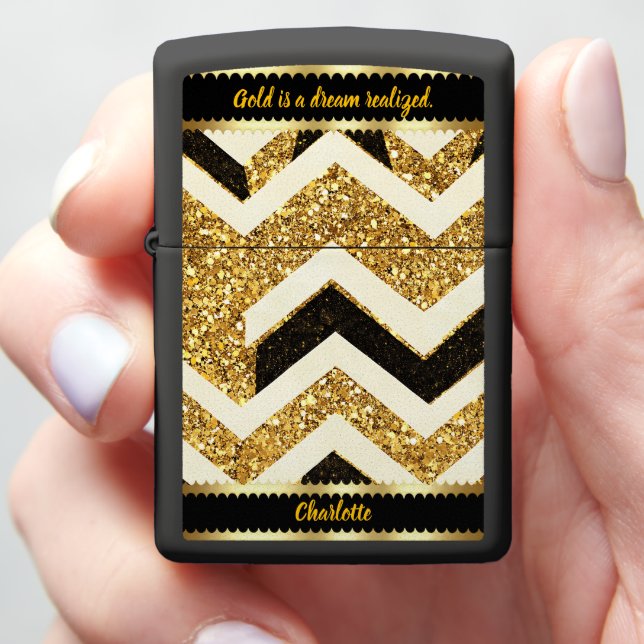 Gleaming gold and black zigzag pattern on marble zippo lighter (In Hand)