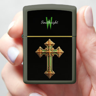 Gleaming Gold and Green Cross Zippo Lighter