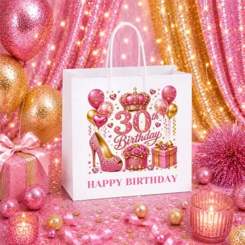 Gleaming Hot Pink Glitter 30th Birthday Gift Bag