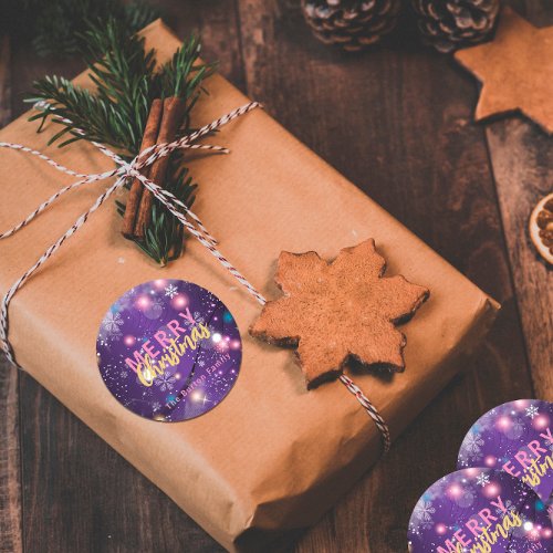 Gleaming Purple Winter Wonderland Merry Christmas Classic Round Sticker