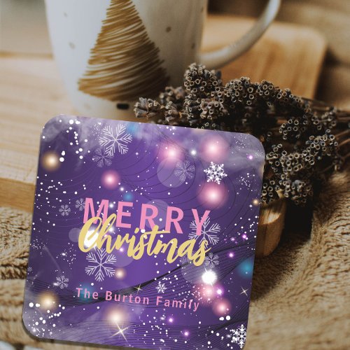 Gleaming Purple Winter Wonderland Merry Christmas Square Paper Coaster