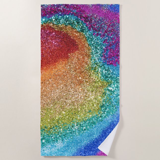 Gleaming Rainbow Glitter Swirl Beach Towel (Front)