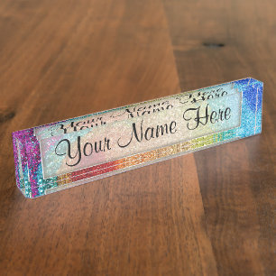 Gleaming Rainbow Glitter Swirl Desk Name Plate