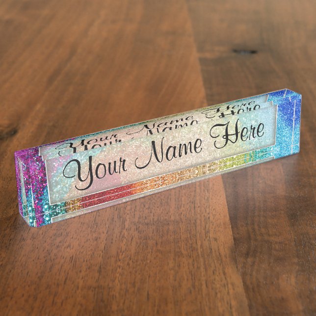Gleaming Rainbow Glitter Swirl Desk Name Plate (Side)