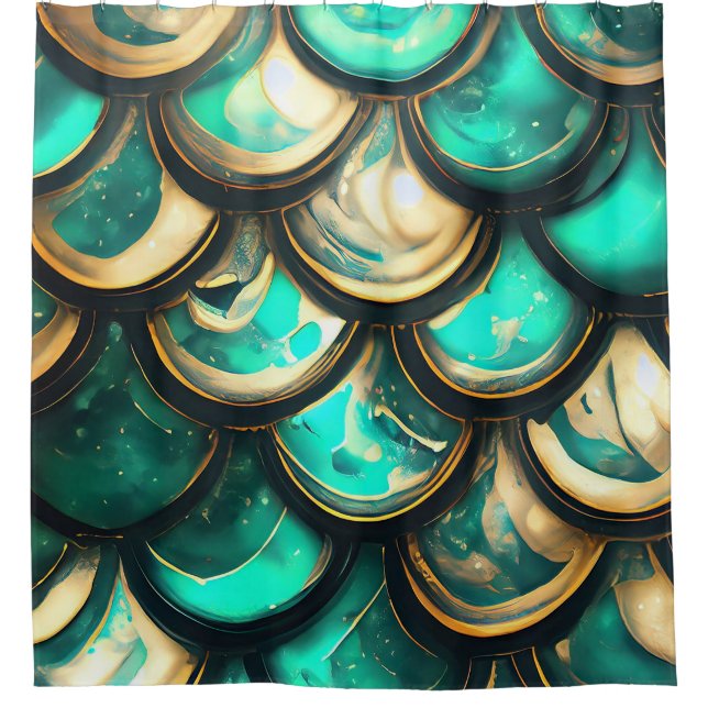 "Gleaming Teal & Gold Mermaid Scales" Shower Curtain (Front)