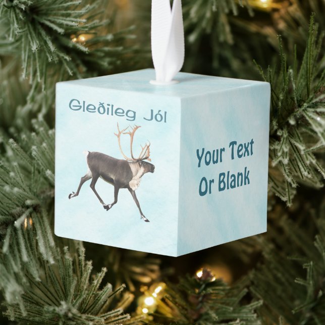 Gleðileg Jól - Caribou (Reindeer) On Snow Cube Ornament (Tree)