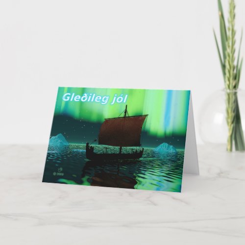 Gleileg Jl  Viking Ship And Northern Lights Holiday Card