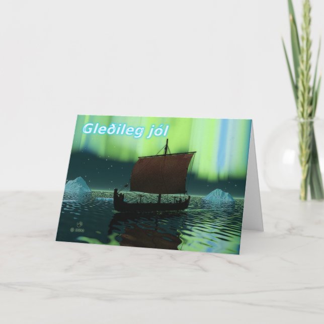 Gleðileg Jól - Viking Ship And Northern Lights Holiday Card (Front)