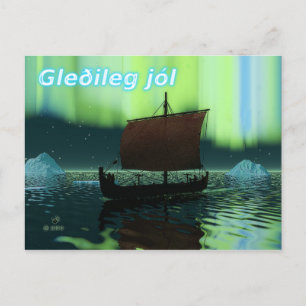 Gleðileg Jól - Viking Ship And Northern Lights Postcard