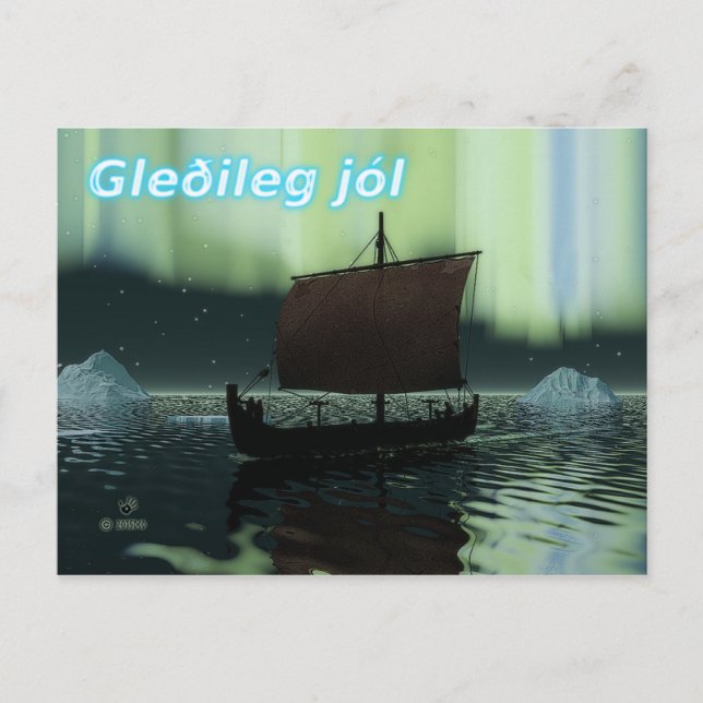 Gleðileg Jól - Viking Ship And Northern Lights Postcard (Front)