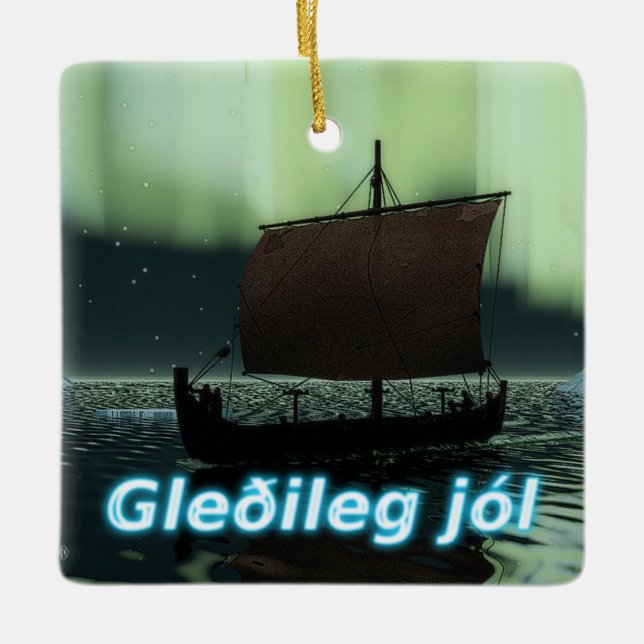 Gleðileg Jól - Viking Ship Ceramic Ornament (Front)