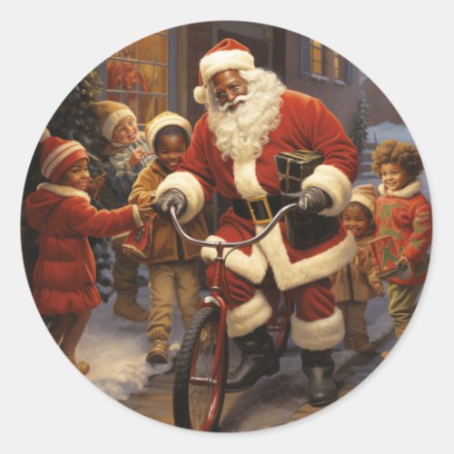 Glee with Black Santa Merry Christmas Joy Classic Round Sticker