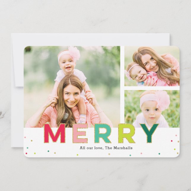 Gleeful Merry 3 Photo Modern Holiday Card (Front)
