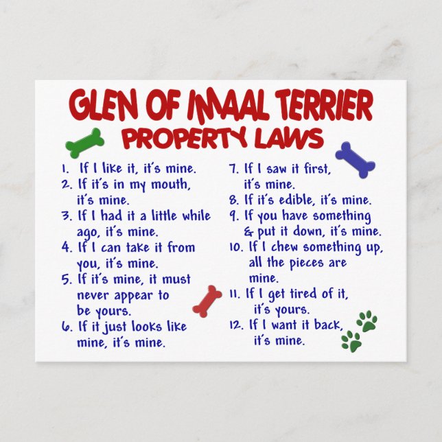 GLEN OF IMAAL TERRIER Property Laws Postcard (Front)