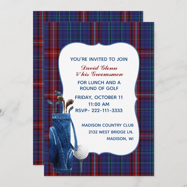 Glenn Plaid Groom's Golf Party Invitation (Front/Back)