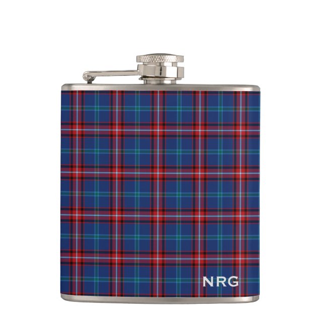 Glenn Tartan Monogram Bright Blue and Red Plaid Flask (Front)