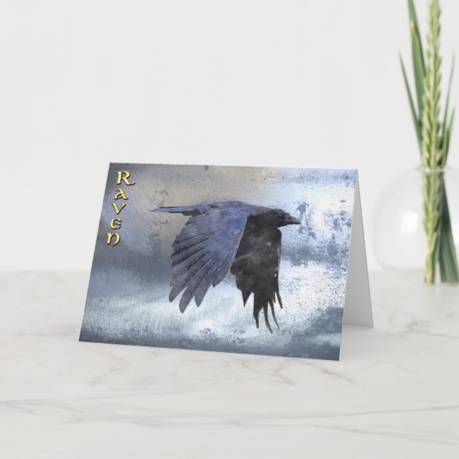Gliding Black Raven on Steel-look Greeting Card (Front)