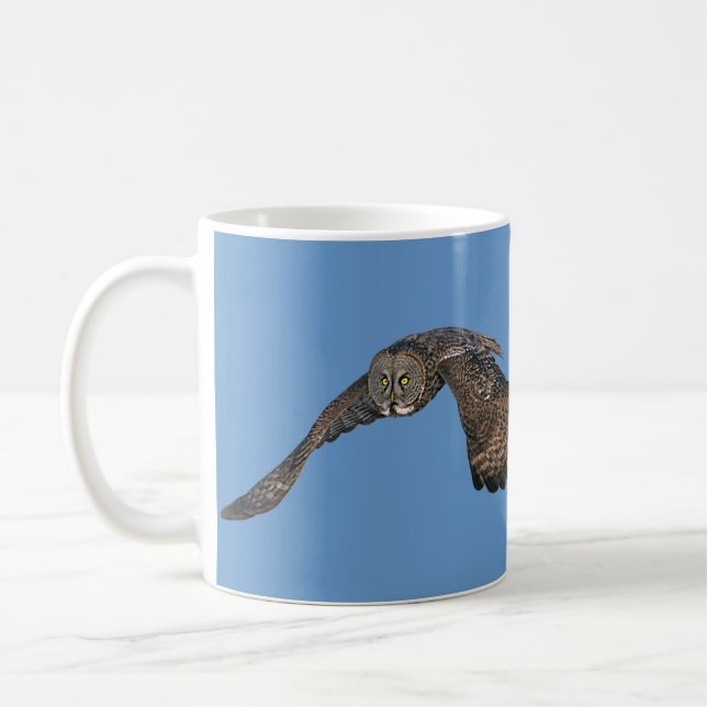 Gliding Great Gray Owl & Blue Sky Wildlife Raptor Coffee Mug (Left)