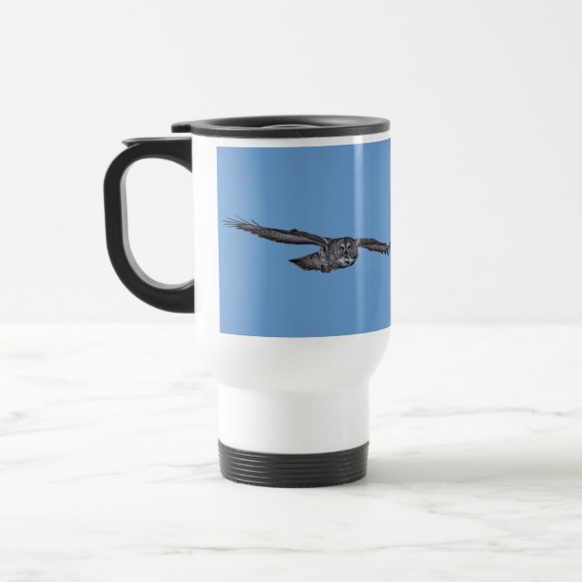 Gliding Great Grey Owl & Blue Sky Wildlife Raptor Travel Mug (Left)