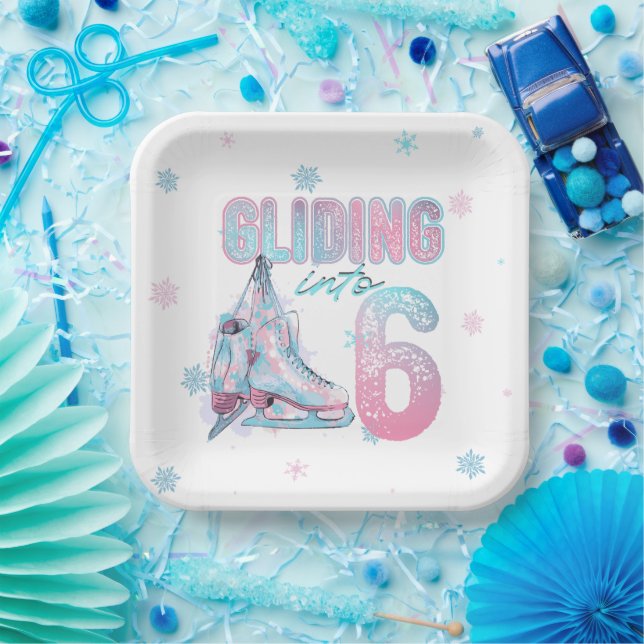 "Gliding into" 6th birthday skating party Paper Plates (Party)