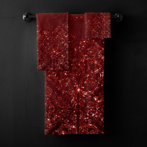 Glimmery Henna Grunge  Dark Blood Red Damask Bath Towel Set
