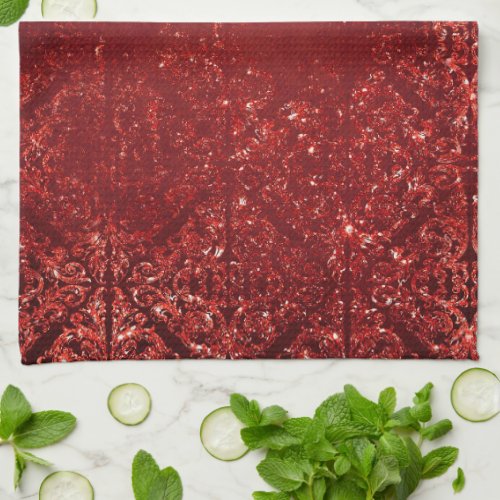 Glimmery Henna Grunge  Dark Blood Red Damask Kitchen Towel