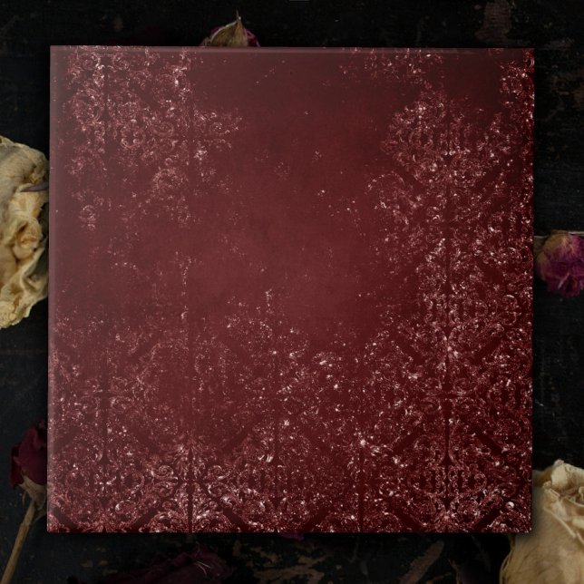 Glimmery Henna Grunge | Rich Blood Red Glam Damask Ceramic Tile (Creator Uploaded)