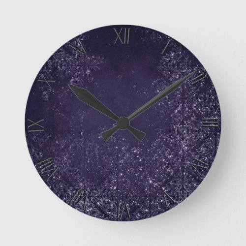 Glimmery Indigo Grunge  Midnight Purple Damask Round Clock