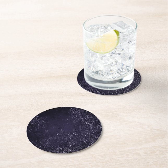 Glimmery Indigo Grunge | Midnight Purple Damask Round Paper Coaster (Insitu)