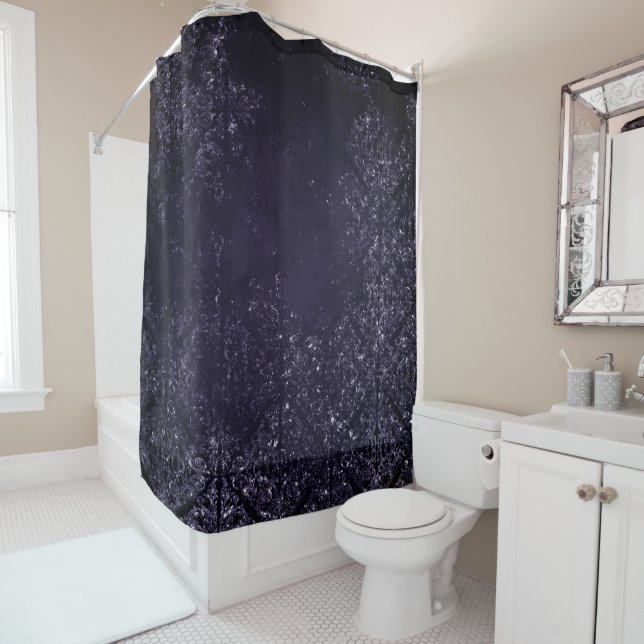 Glimmery Indigo Grunge | Midnight Purple Damask Shower Curtain (In Situ)