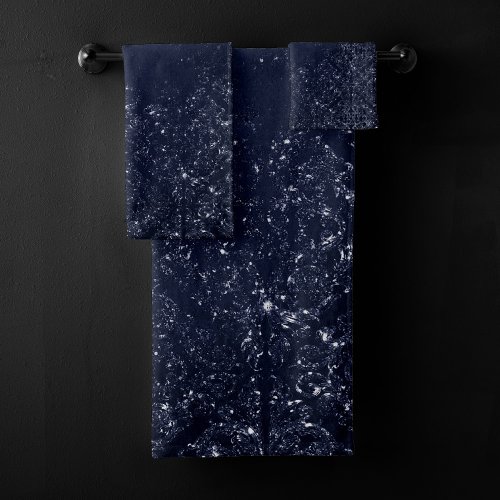 Glimmery Navy Grunge  Dark Blue Luxurious Damask Bath Towel Set