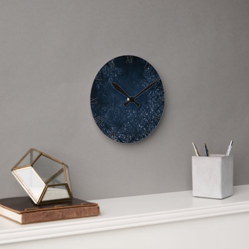 Glimmery Navy Grunge  Dark Blue Luxurious Damask Round Clock